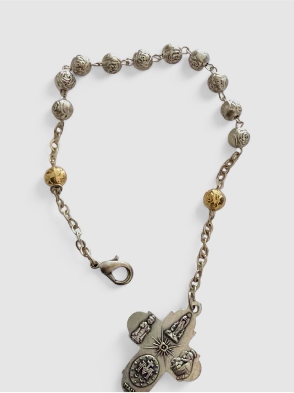 Two-Tone Silver and Gold Rosary Necklace with Devotional Cross
